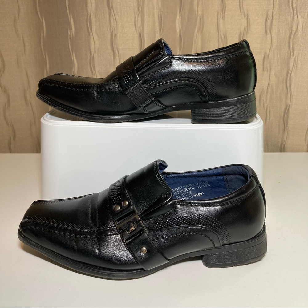 Bonafini Boy's 12 Dress Loafers Slip On Leather Black Square Toe Buckle